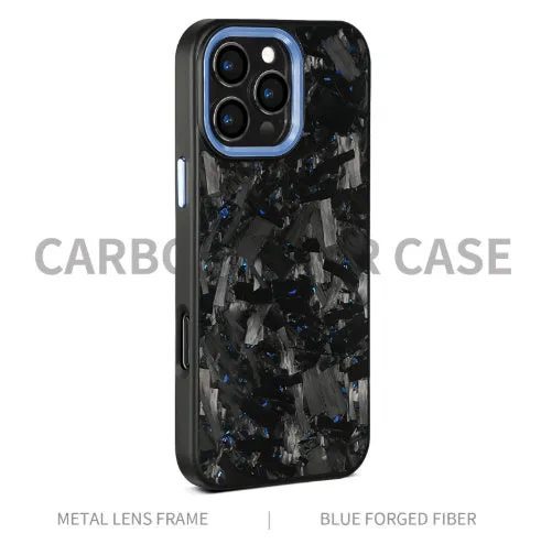 Carbon fibre metal frame shockproof phone case for iPhone 14 15 16 in black with forged grain finish