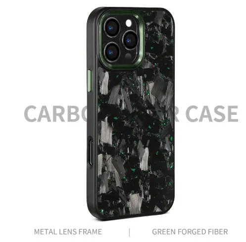 Carbon fibre metal frame shockproof phone case for iPhone 14 15 16 in black with forged grain finish