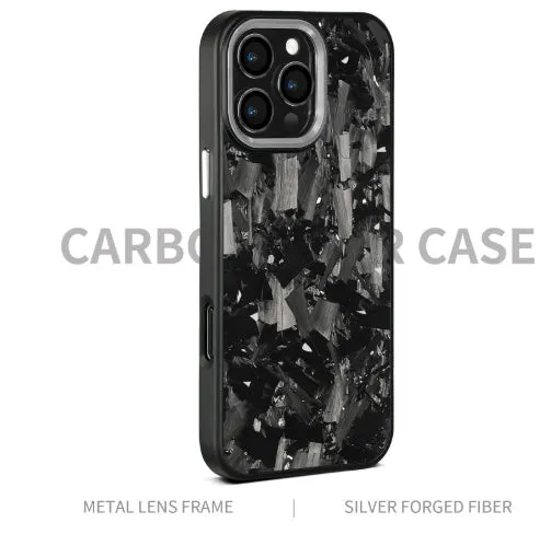 Carbon fibre metal frame shockproof phone case for iPhone 14 15 16 in black with forged grain finish