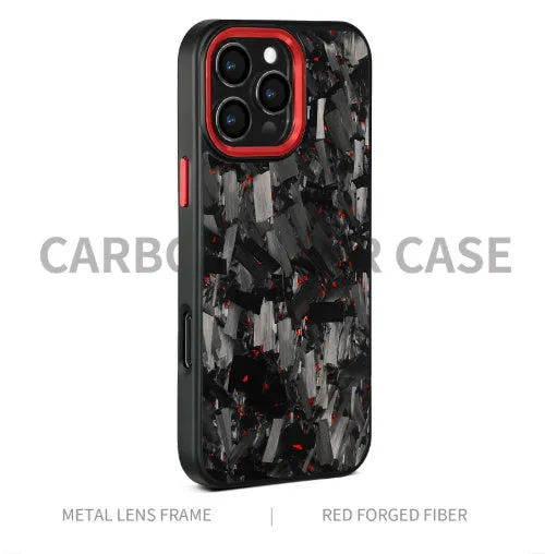 Carbon fibre metal frame shockproof phone case for iPhone 14 15 16 in black with forged grain finish