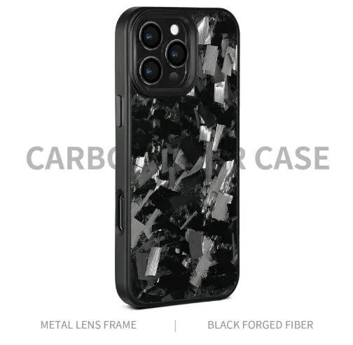 Carbon fibre metal frame shockproof phone case for iPhone 14 15 16 in black with forged grain finish