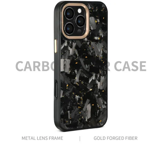 Carbon fibre metal frame shockproof phone case for iPhone 14 15 16 in black with forged grain finish