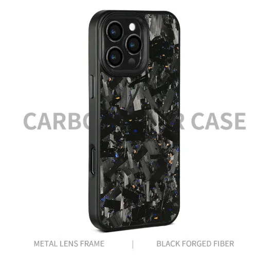 Carbon fibre metal frame shockproof phone case for iPhone 14 15 16 in black with forged grain finish