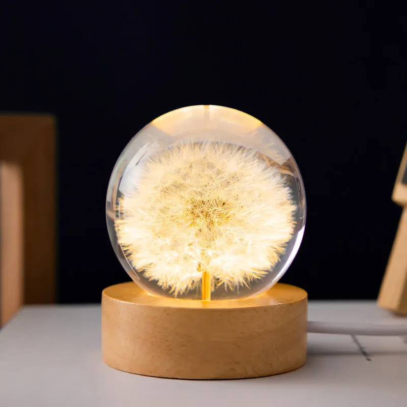 60mm dandelion eternal flower crystal ball night light on a beech wood stand.