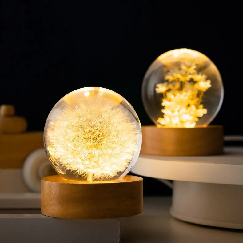 60mm dandelion eternal flower crystal ball night light on a beech wood stand.