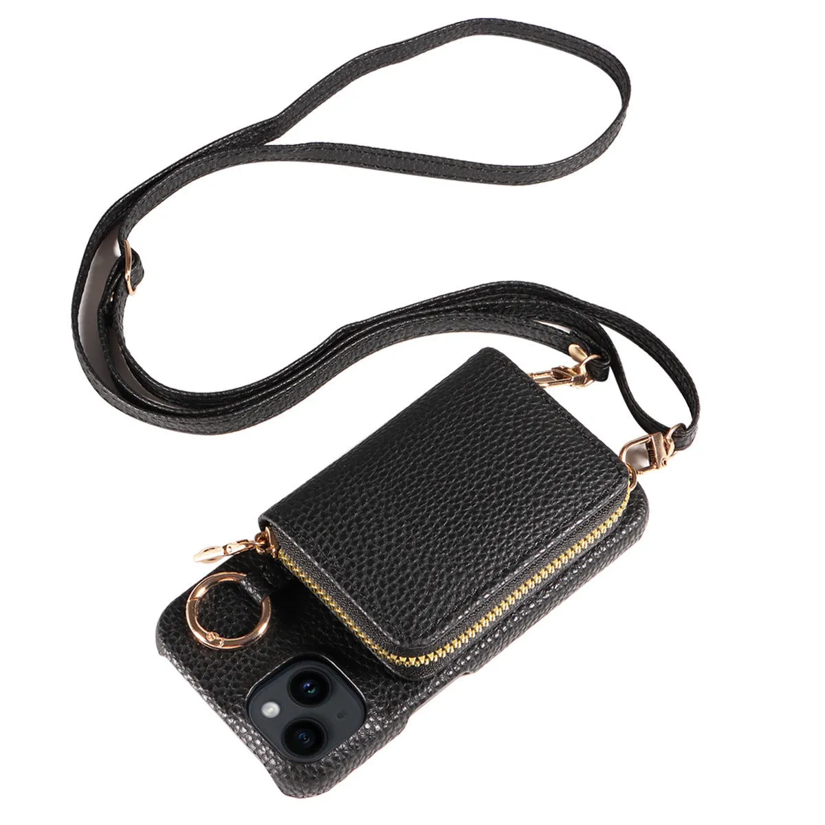 Handmade imitation leather wallet phone case with card slot, bracket, and crossbody strap in black for iPhone16 Pro Max