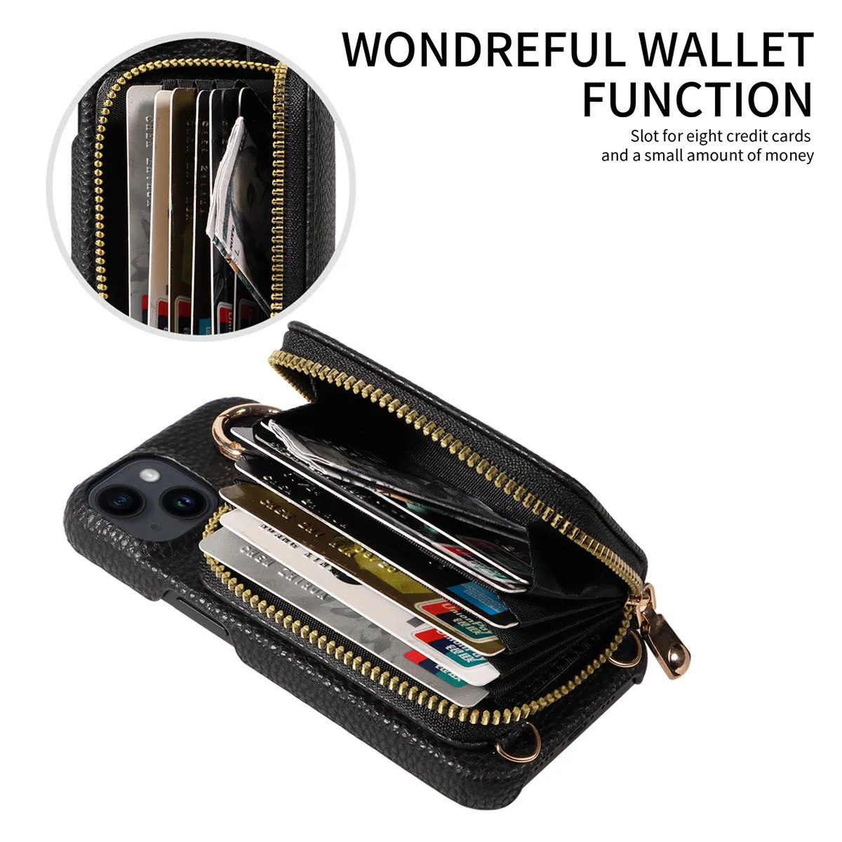 Handmade imitation leather wallet phone case with card slot, bracket, and crossbody strap in black for iPhone16 Pro Max