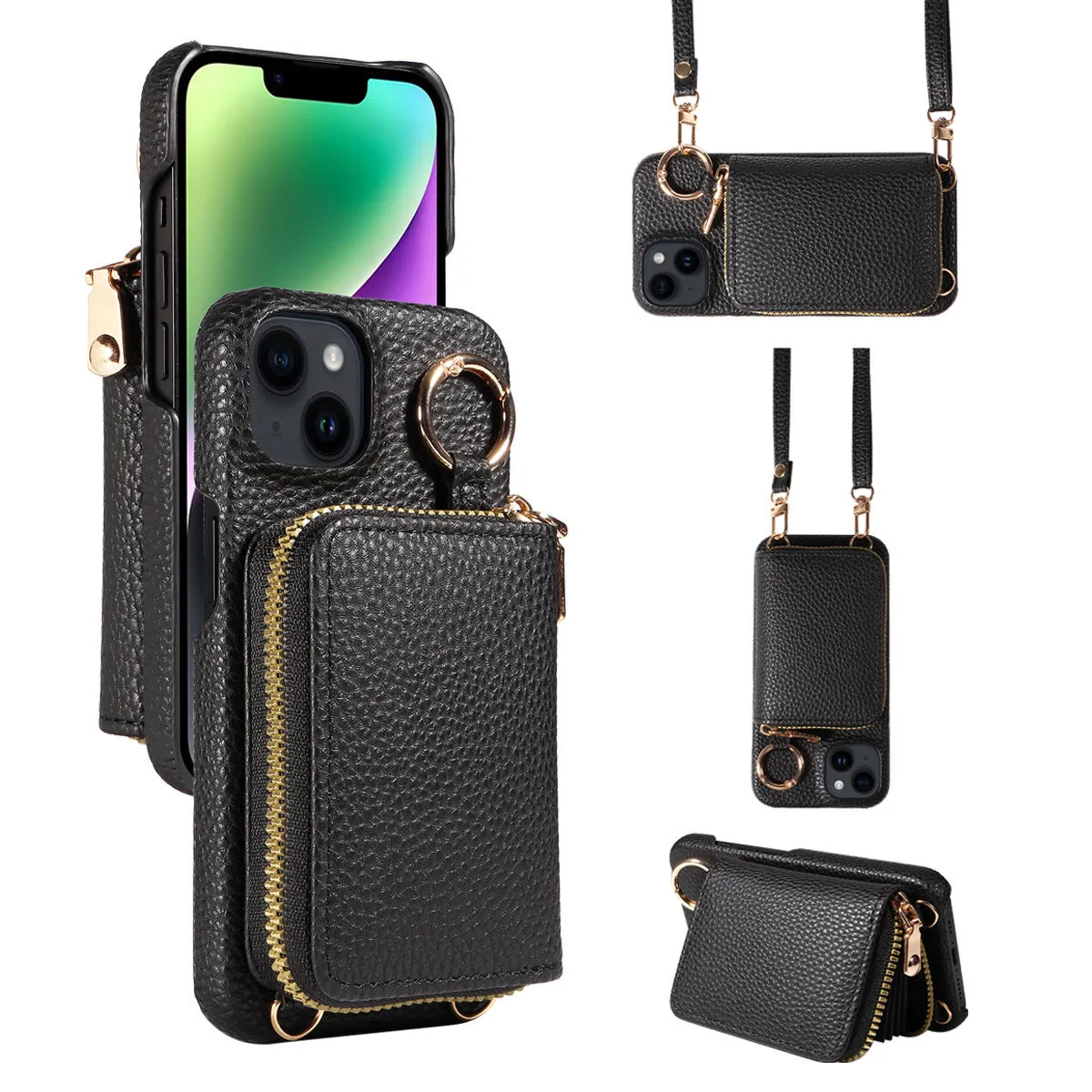 Handmade imitation leather wallet phone case with card slot, bracket, and crossbody strap in black for iPhone16 Pro Max