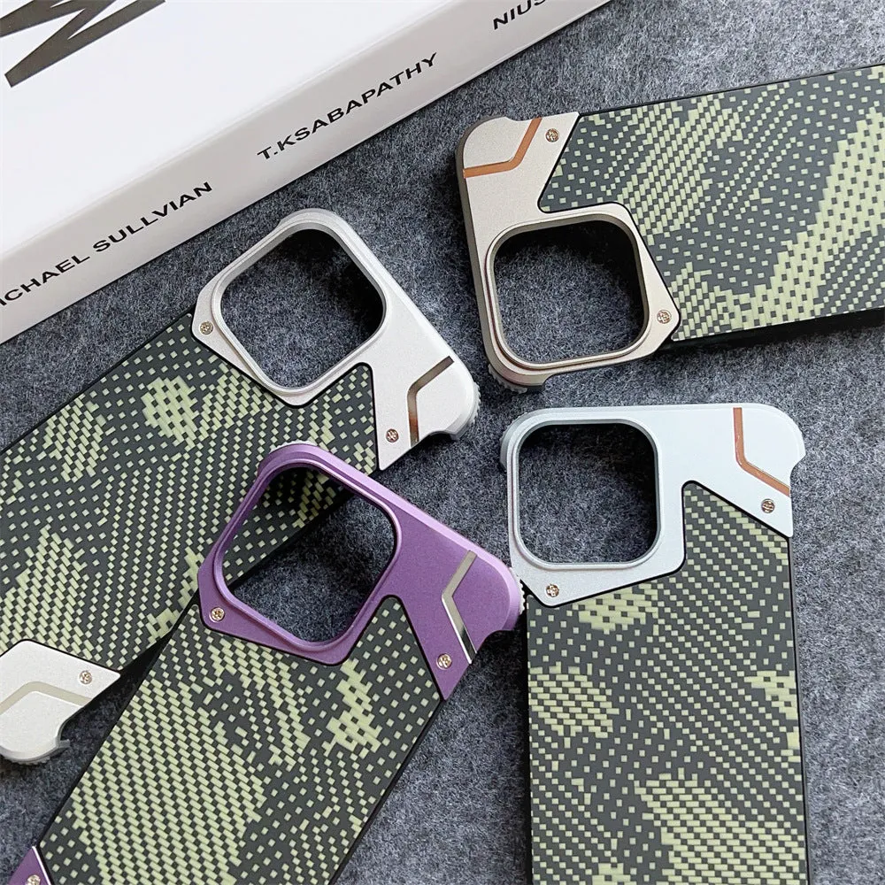 Camouflage carbon fibre pattern aluminium alloy phone case for Galaxy S25 Ultra with magnetic bracket, black colour