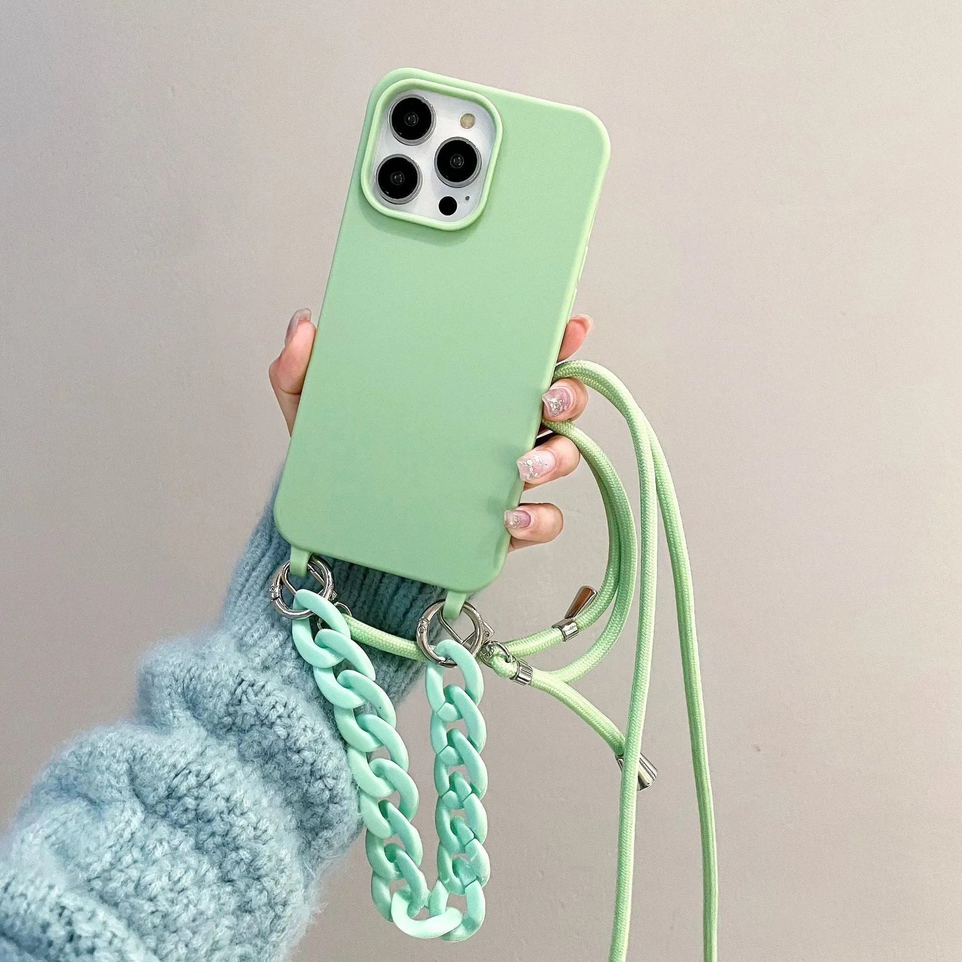 Candy colour chain lanyard soft TPU phone case with frosted finish for iPhone 15 and 16 series