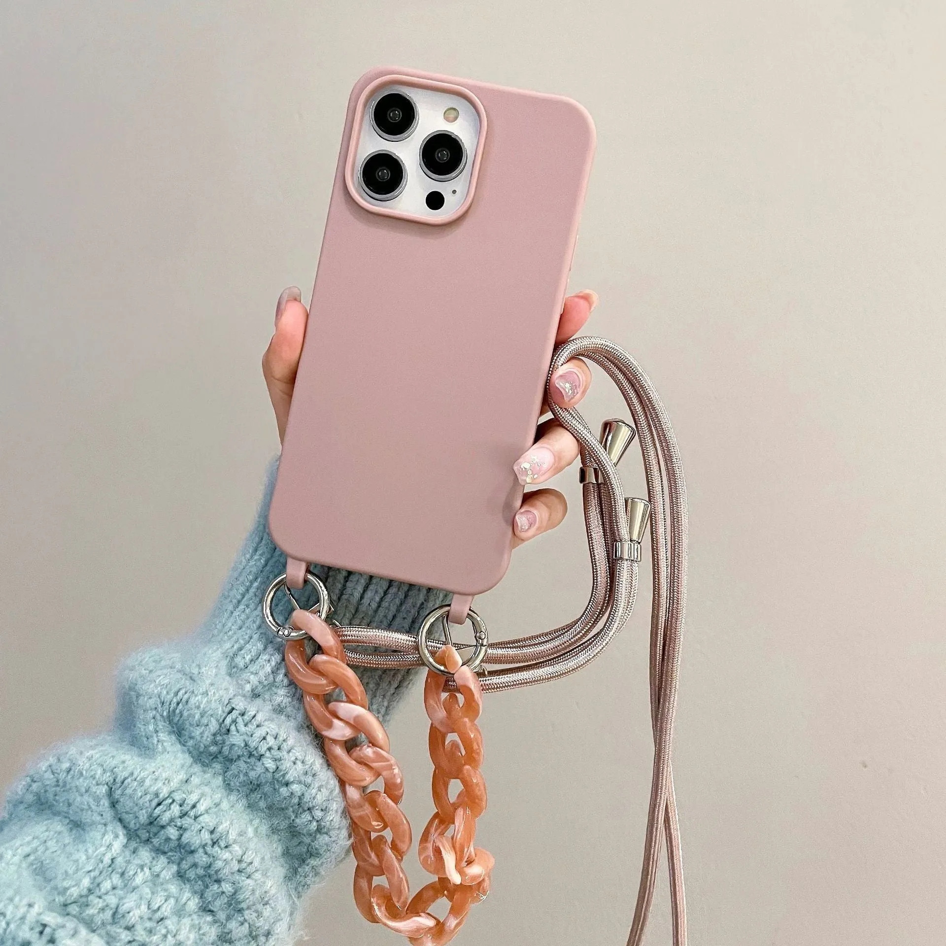 Candy colour chain lanyard soft TPU phone case with frosted finish for iPhone 15 and 16 series