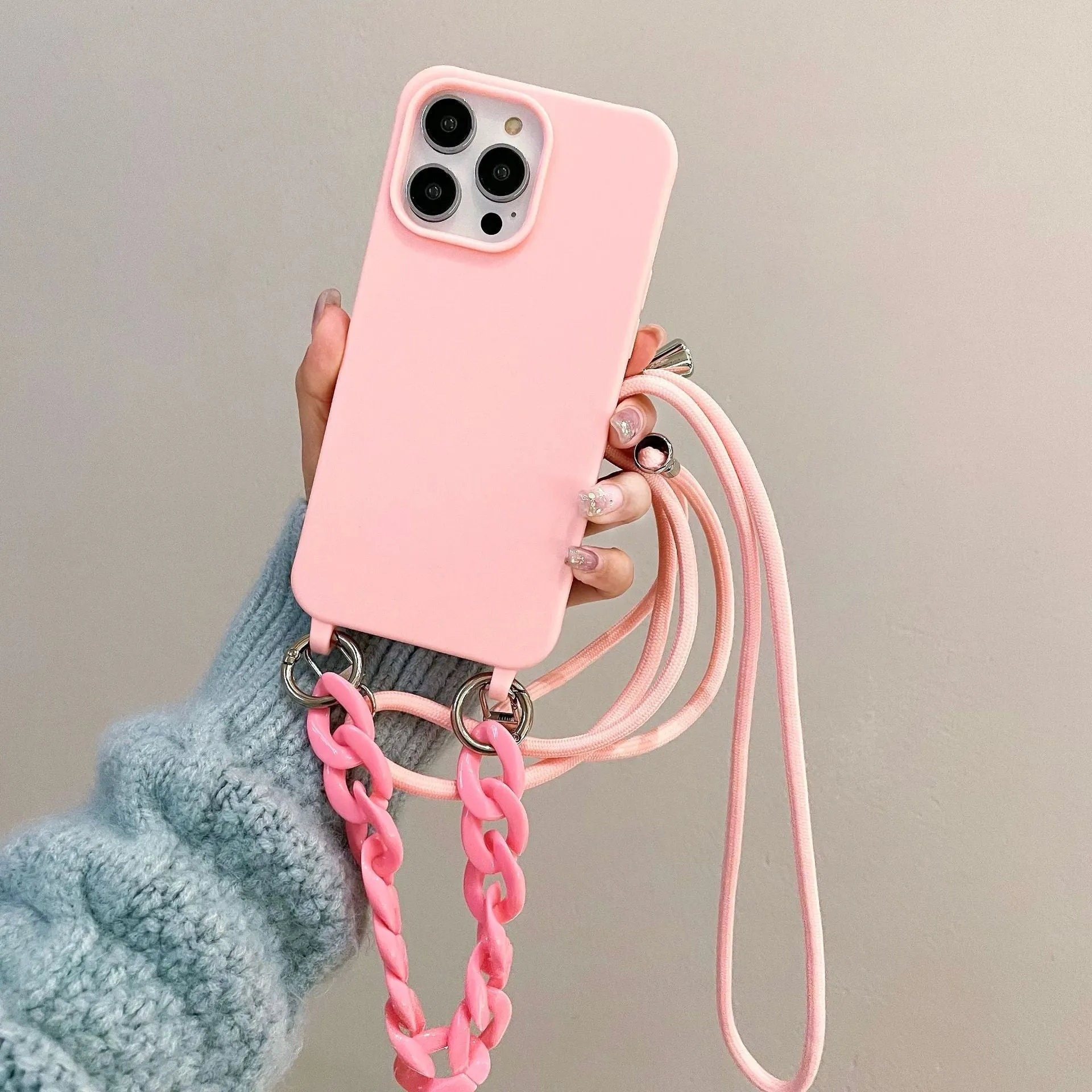 Candy colour chain lanyard soft TPU phone case with frosted finish for iPhone 15 and 16 series