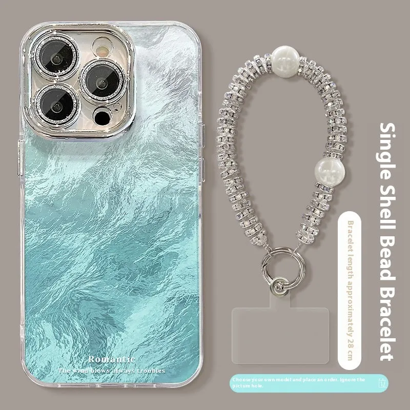 Ice blue gradient hard PC phone case with invisible bracket and silver chain for iPhone set on a white surface
