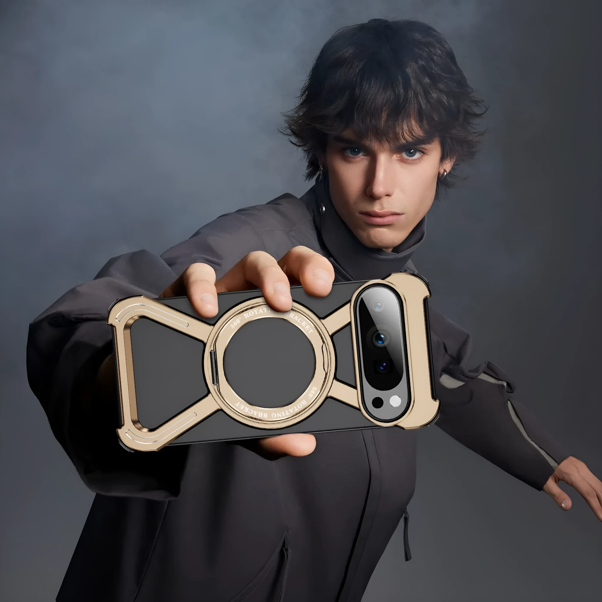 Black metal magnetic rotating bracket phone case for Google Pixel 9 Pro