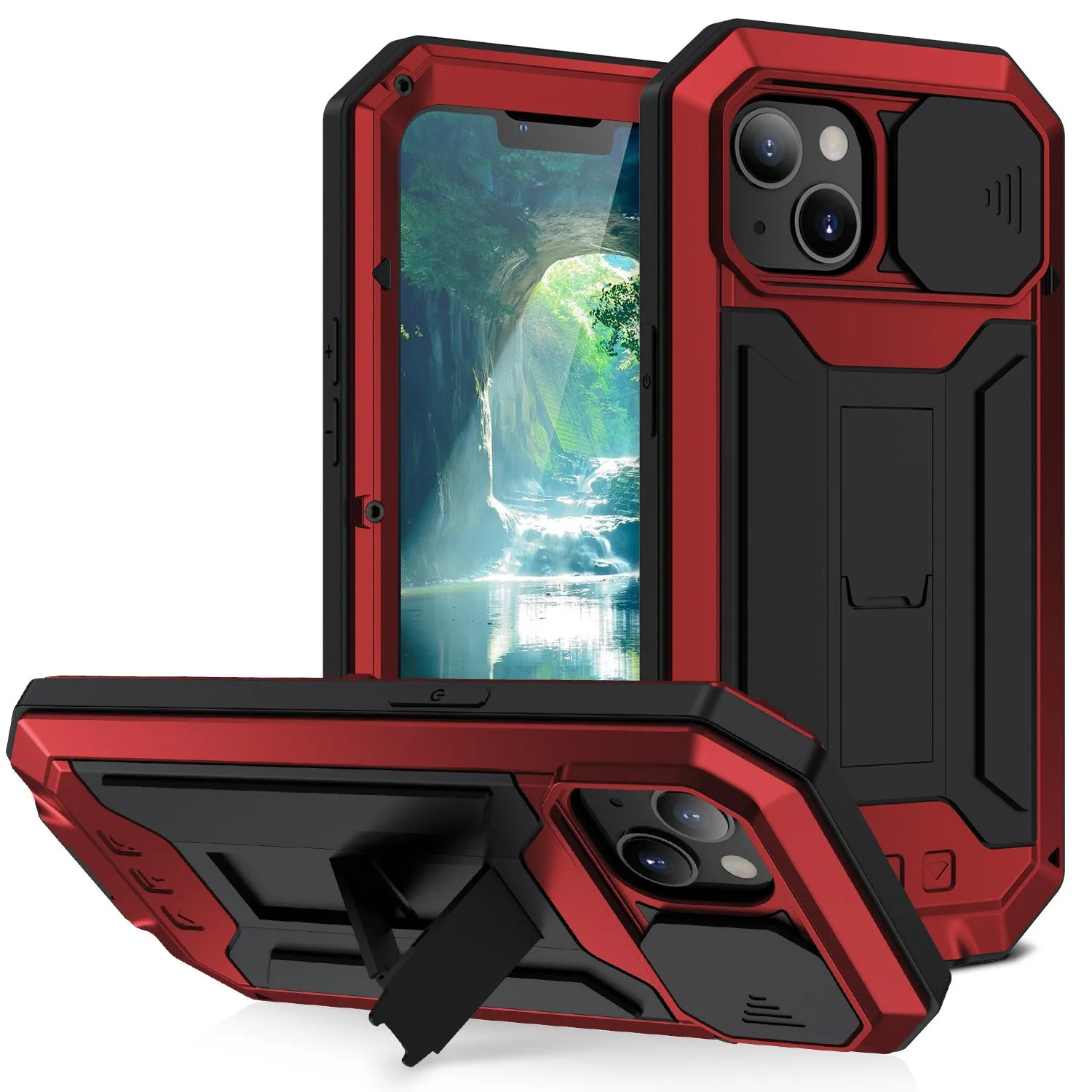 Shockproof metal bracket phone case in silver for iPhone 15 Pro Max with silicone frame and built-in kickstand