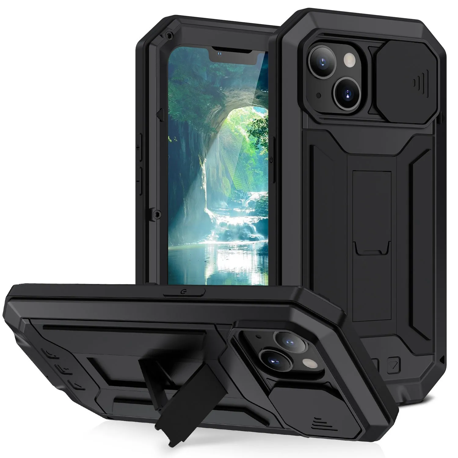 Shockproof metal bracket phone case in silver for iPhone 15 Pro Max with silicone frame and built-in kickstand