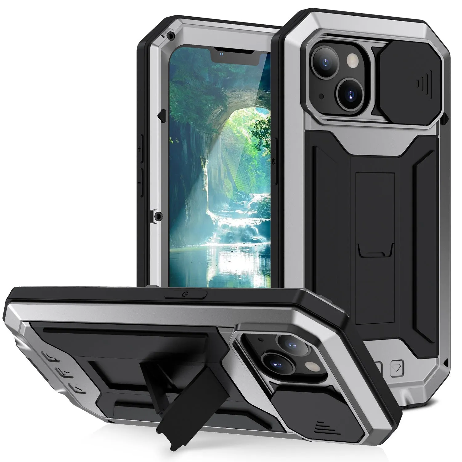 Shockproof metal bracket phone case in silver for iPhone 15 Pro Max with silicone frame and built-in kickstand