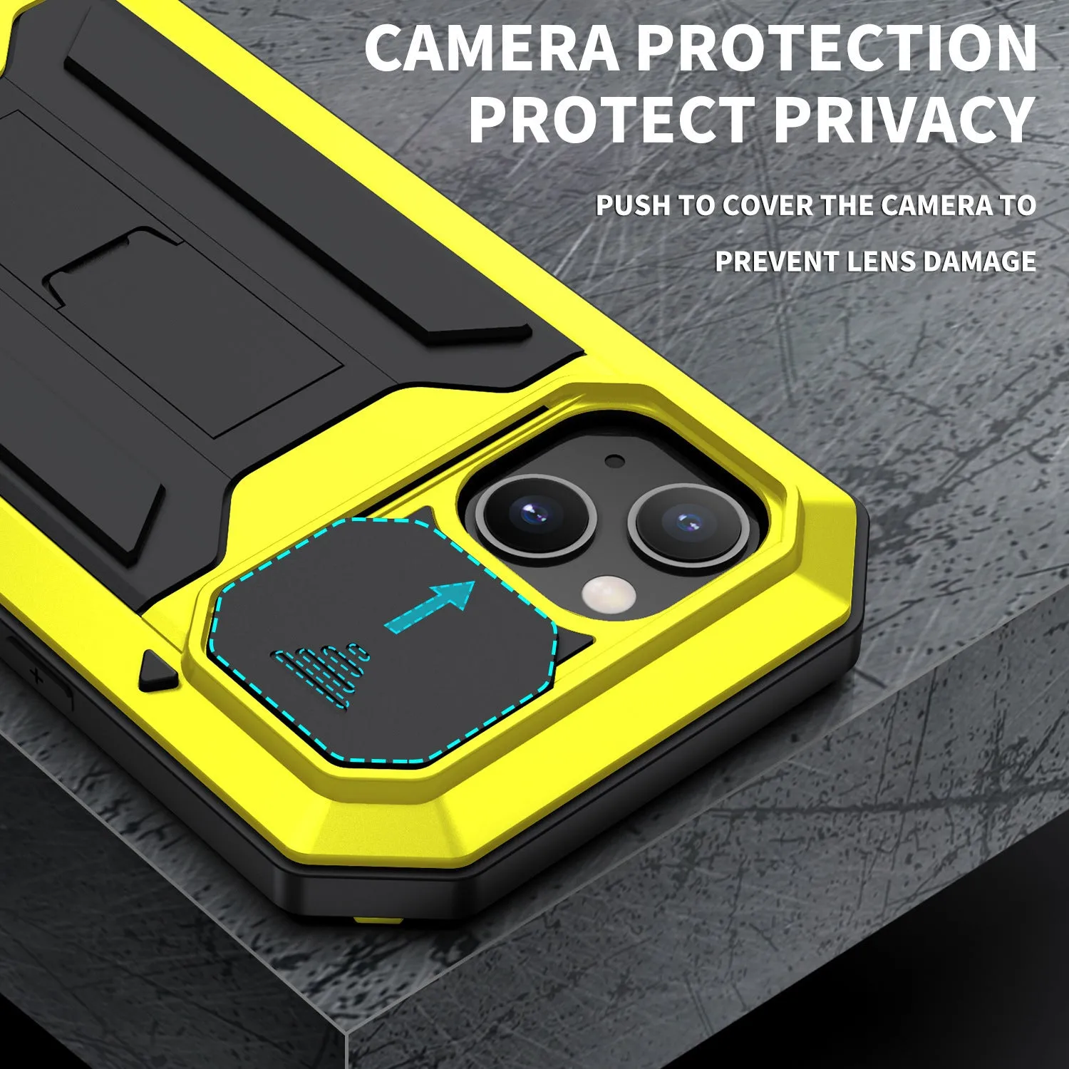 Shockproof metal bracket phone case in silver for iPhone 15 Pro Max with silicone frame and built-in kickstand