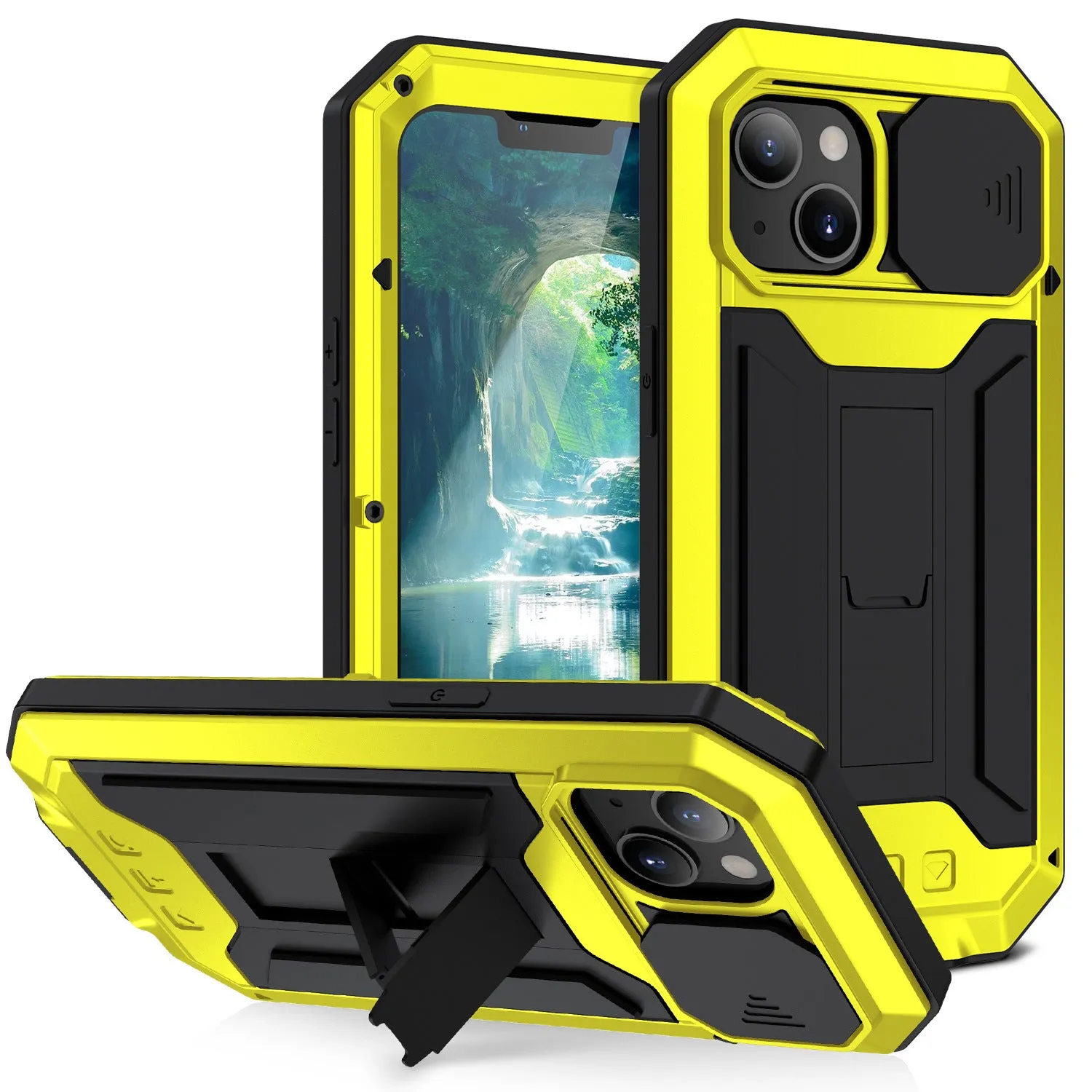Shockproof metal bracket phone case in silver for iPhone 15 Pro Max with silicone frame and built-in kickstand