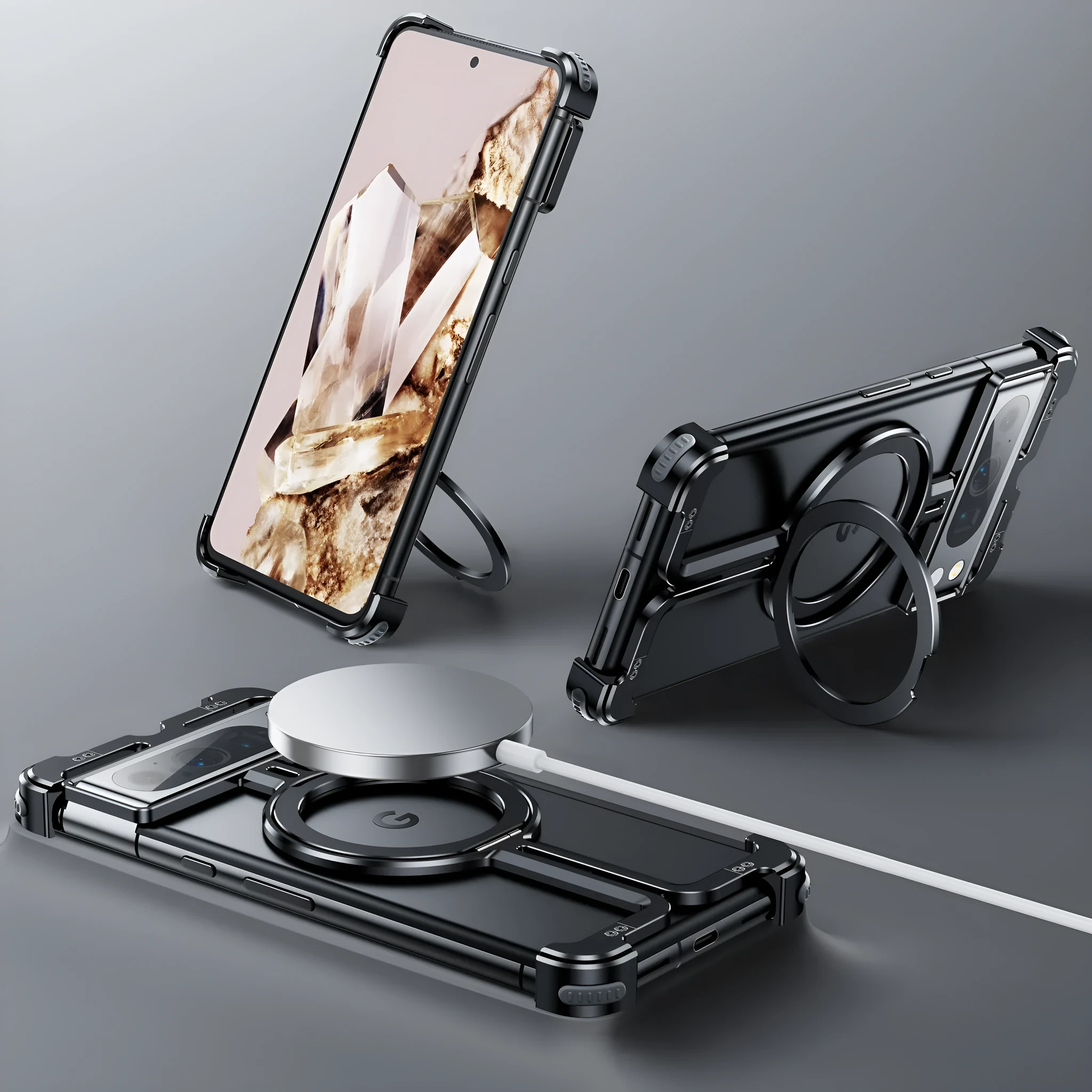 Aluminium alloy phone case with rotatable bracket for Google Pixel9pro Fold, black upgraded version