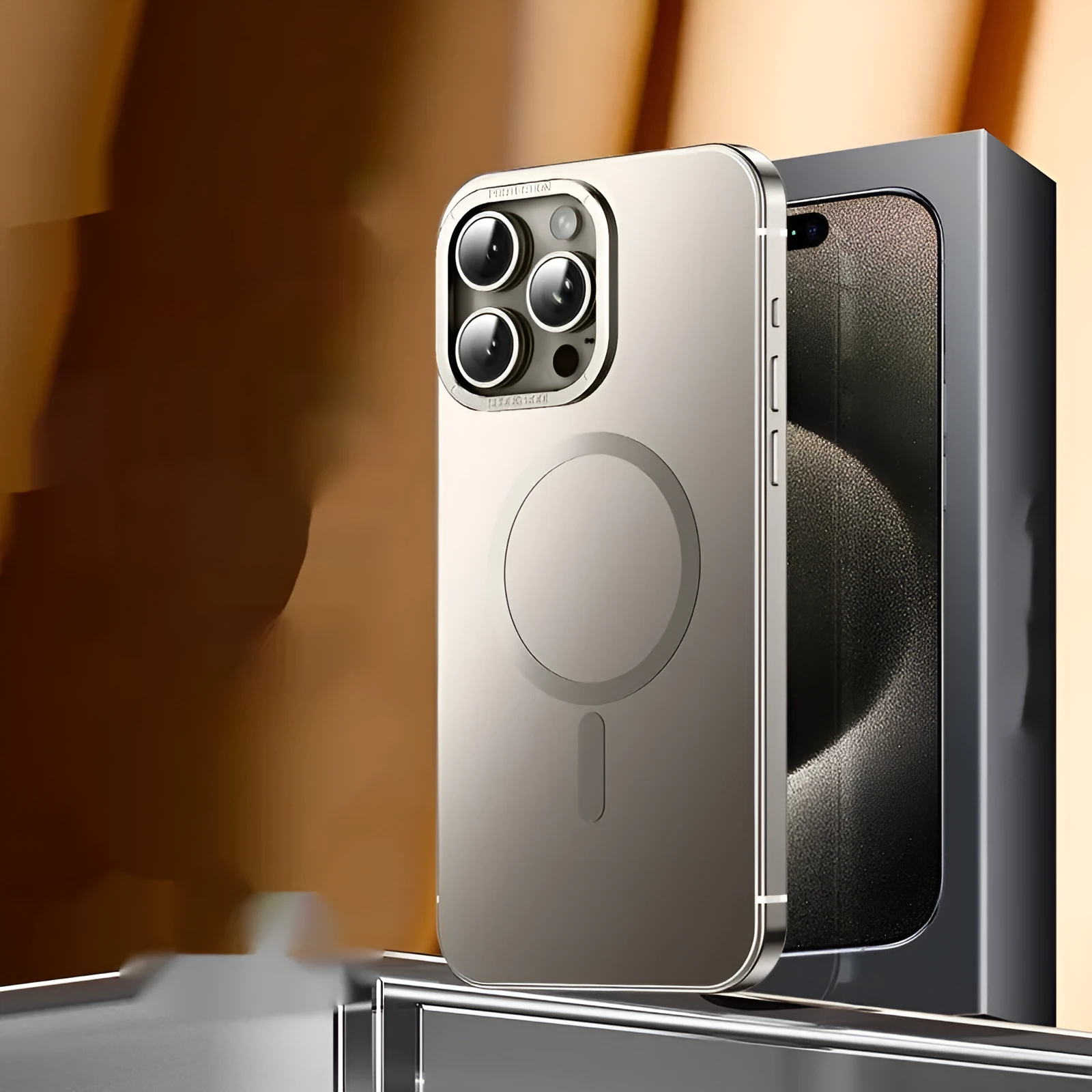 Magnetic suction stainless steel acrylic half pack phone case for iPhone in black with laser finish