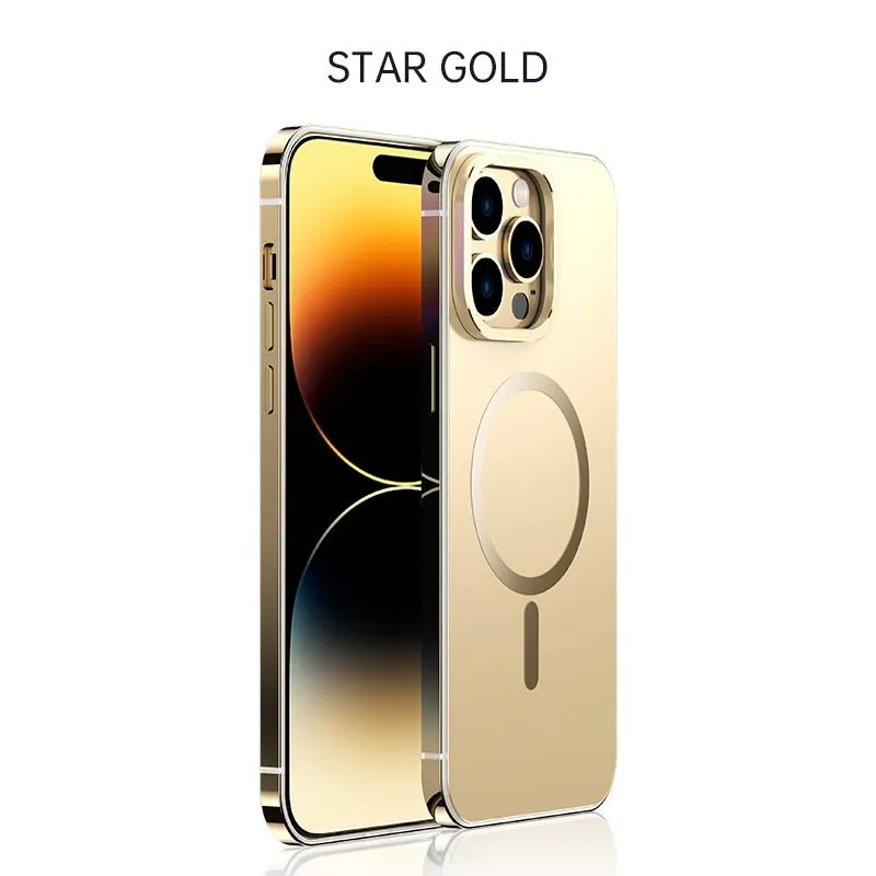 Magnetic suction stainless steel acrylic half pack phone case for iPhone in black with laser finish