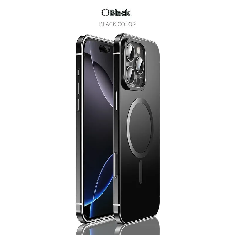 Magnetic suction stainless steel acrylic half pack phone case for iPhone in black with laser finish