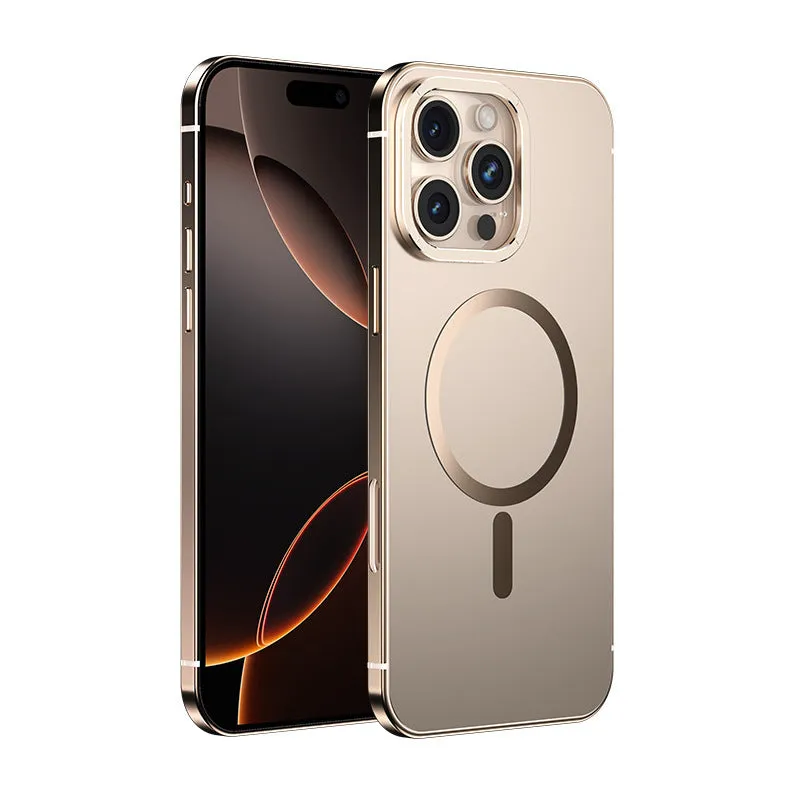 Magnetic suction stainless steel acrylic half pack phone case for iPhone in black with laser finish