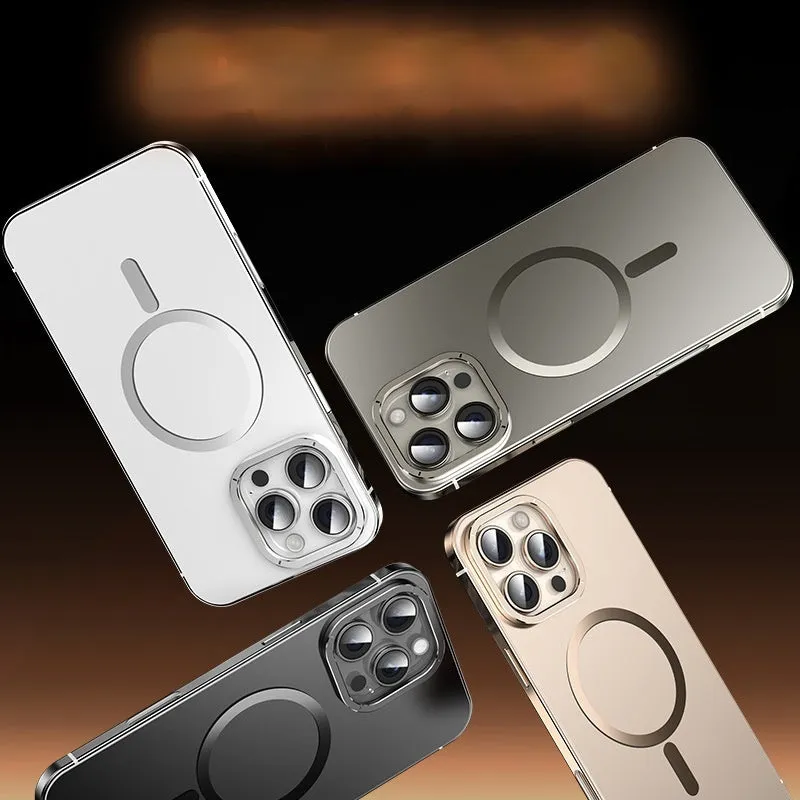 Magnetic suction stainless steel acrylic half pack phone case for iPhone in black with laser finish