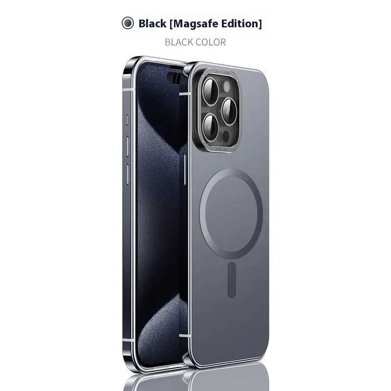 Magnetic suction stainless steel acrylic half pack phone case for iPhone in black with laser finish