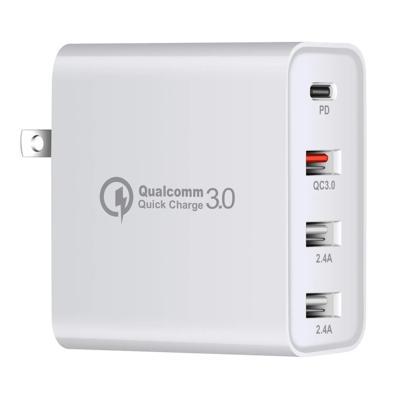 Black and white four-port USB-C wall charger with UK, US, EU, and AU plug options.
