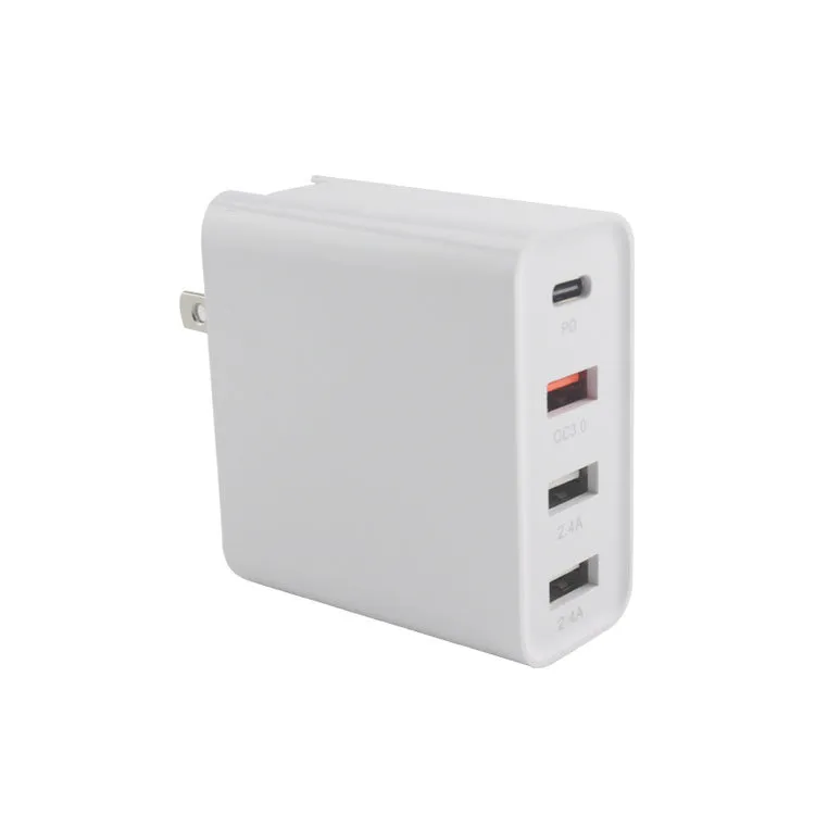 Black and white four-port USB-C wall charger with UK, US, EU, and AU plug options.