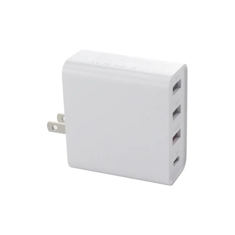 Black and white four-port USB-C wall charger with UK, US, EU, and AU plug options.