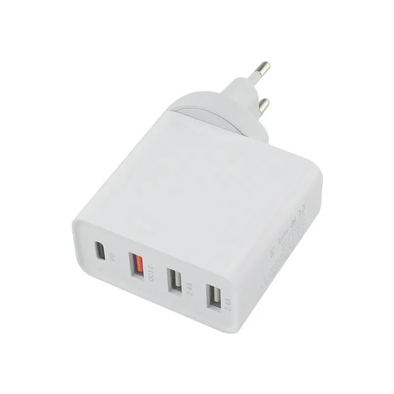Black and white four-port USB-C wall charger with UK, US, EU, and AU plug options.