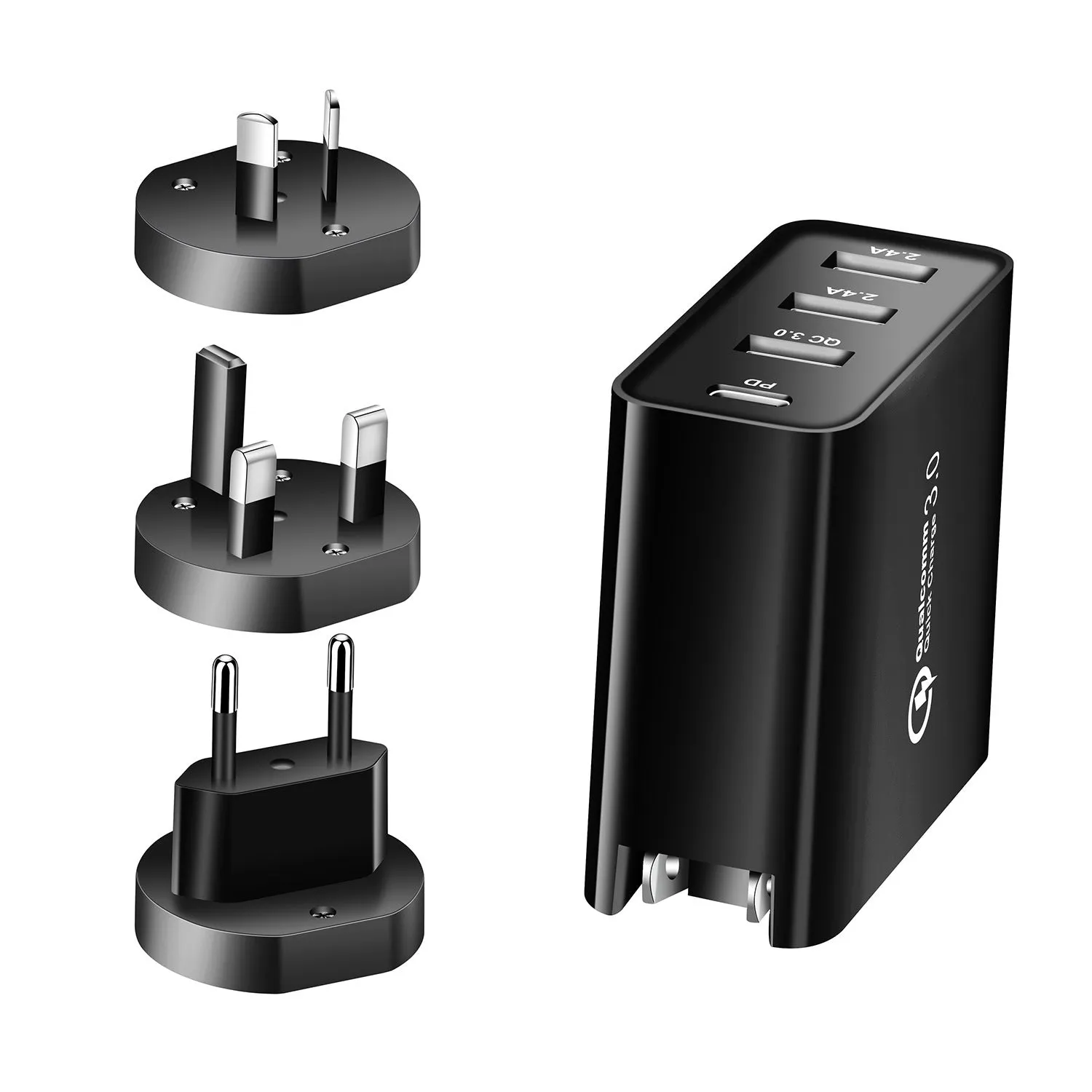 Black and white four-port USB-C wall charger with UK, US, EU, and AU plug options.