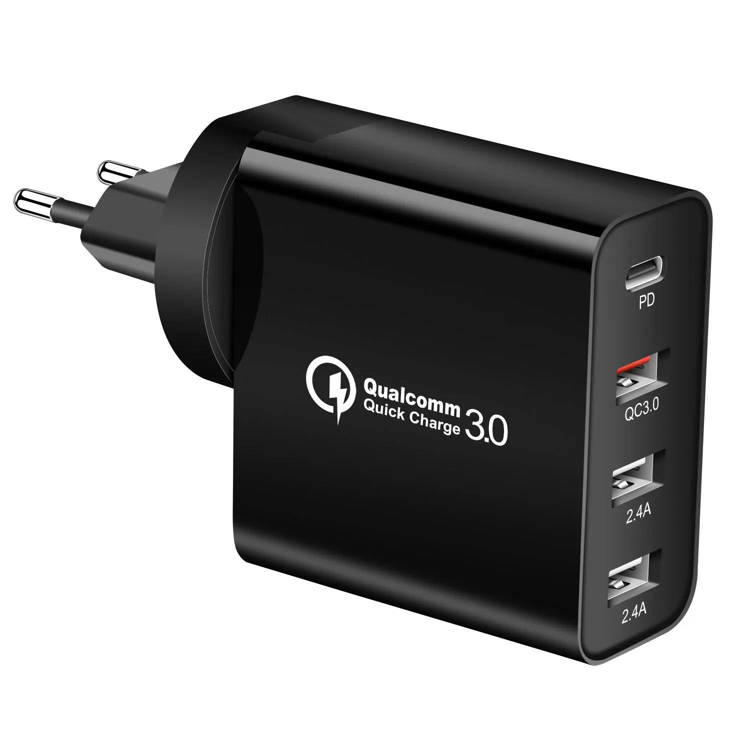 Black and white four-port USB-C wall charger with UK, US, EU, and AU plug options.
