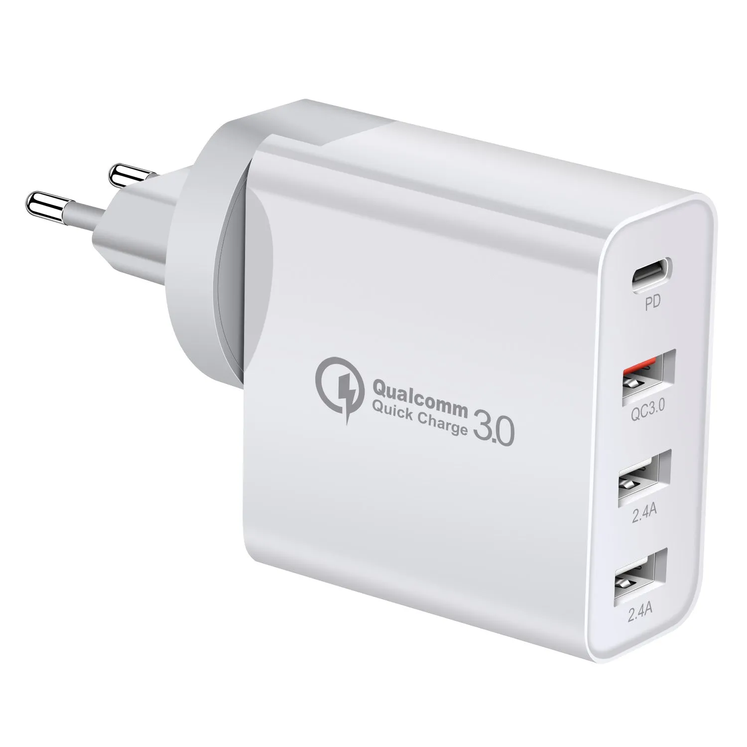 Black and white four-port USB-C wall charger with UK, US, EU, and AU plug options.