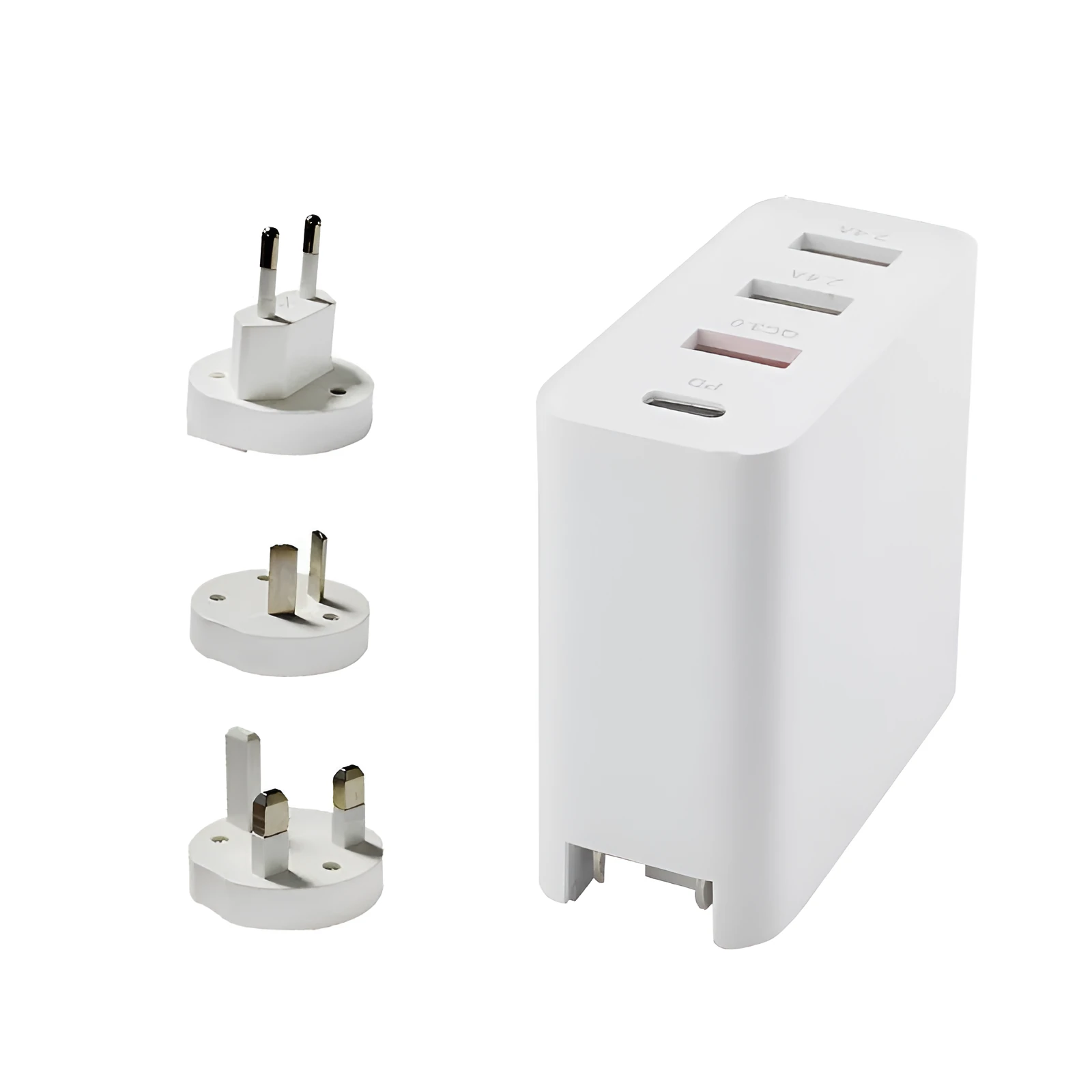 Black and white four-port USB-C wall charger with UK, US, EU, and AU plug options.