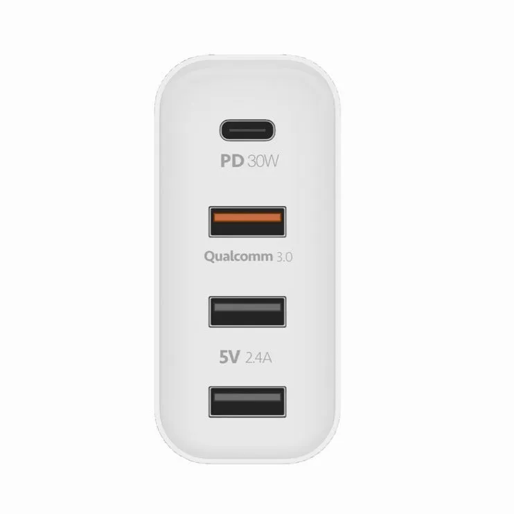 Black and white four-port USB-C wall charger with UK, US, EU, and AU plug options.