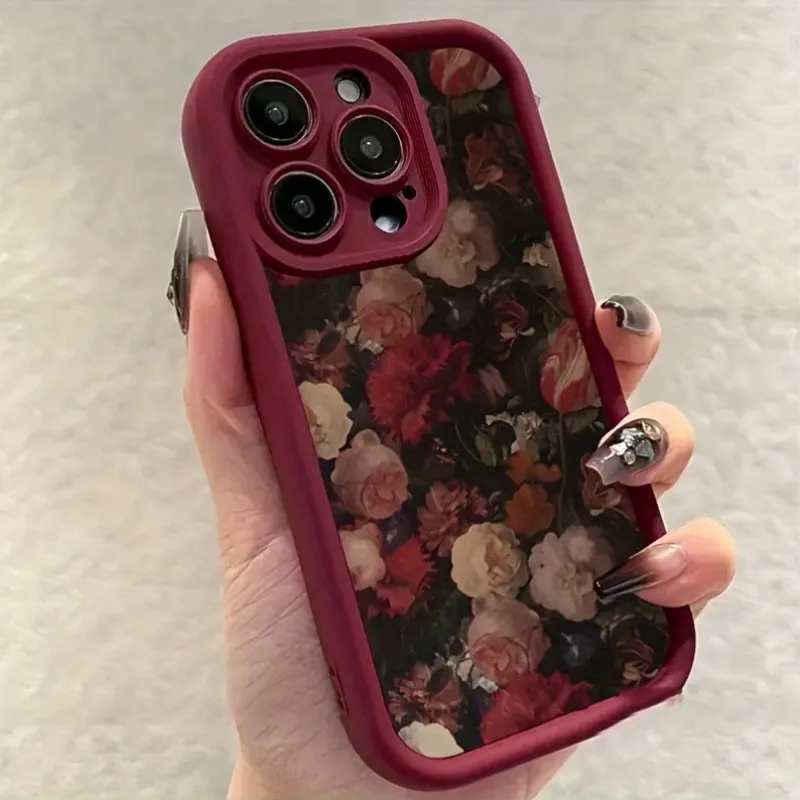 Rose bamboo ladder pattern TPU phone case in wine red for iPhone, showing full-screen edge and frosted back.