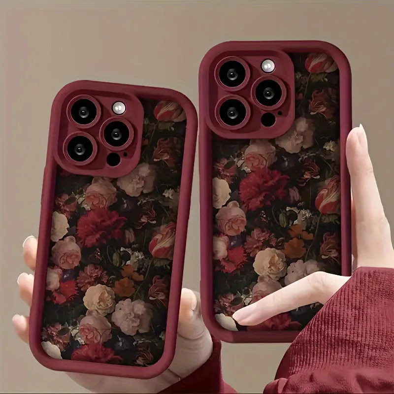 Rose bamboo ladder pattern TPU phone case in wine red for iPhone, showing full-screen edge and frosted back.