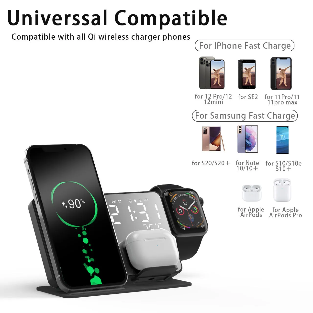 Black four-in-one wireless charger stand with phone, headset, and smart watch charging zones, 15W fast charge model