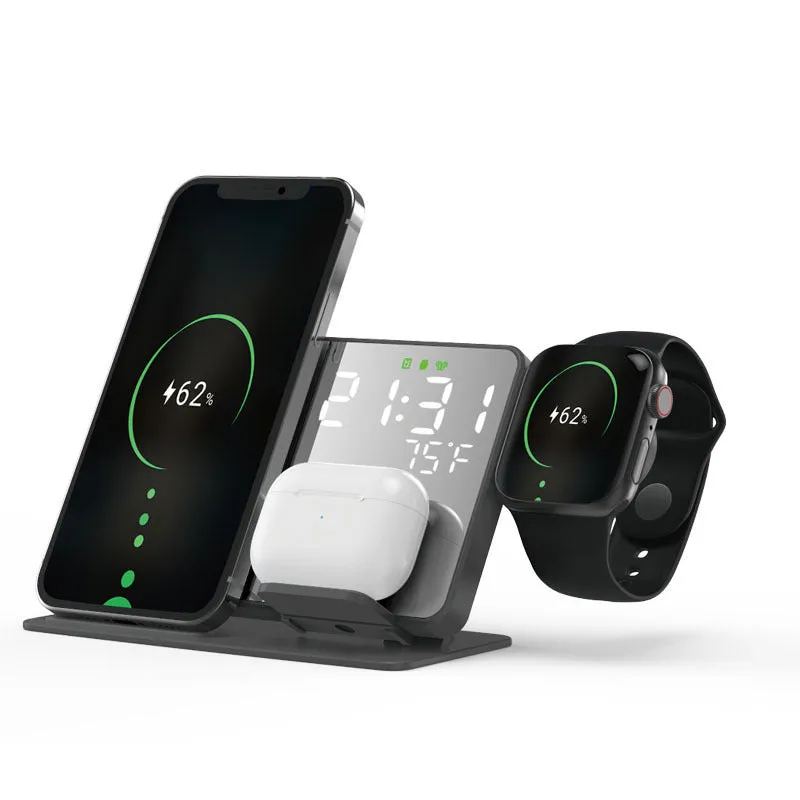 Black four-in-one wireless charger stand with phone, headset, and smart watch charging zones, 15W fast charge model