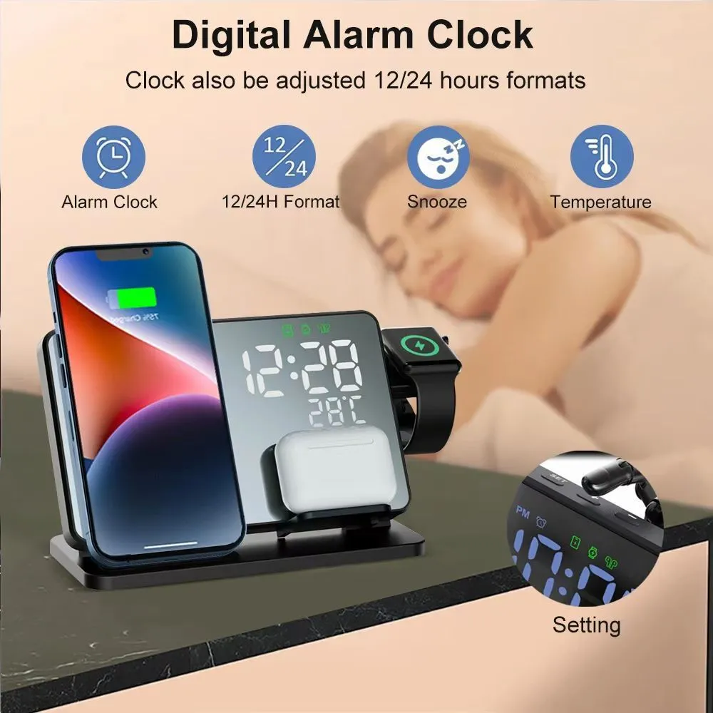 Black four-in-one wireless charger stand with phone, headset, and smart watch charging zones, 15W fast charge model