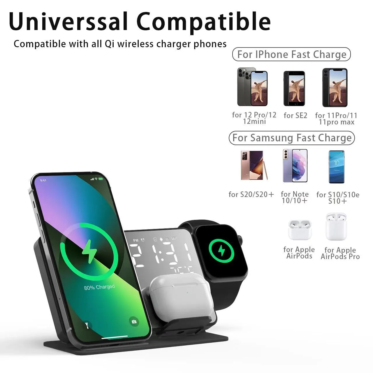 Black four-in-one wireless charger stand with phone, headset, and smart watch charging zones, 15W fast charge model