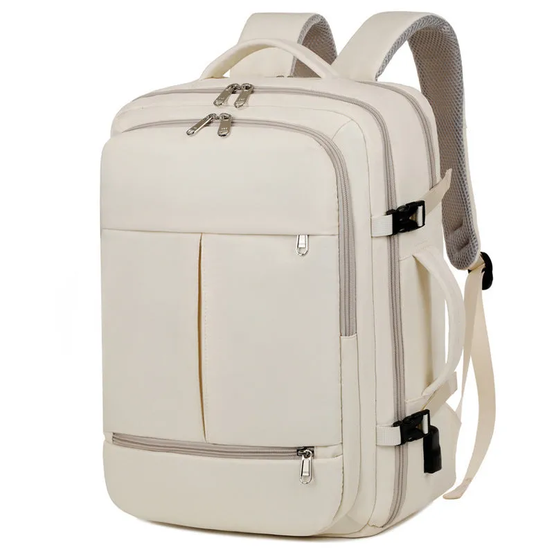 Large waterproof Oxford cloth backpack in a choice of colours, shown with multiple zippered pockets and a 15.6-inch laptop.