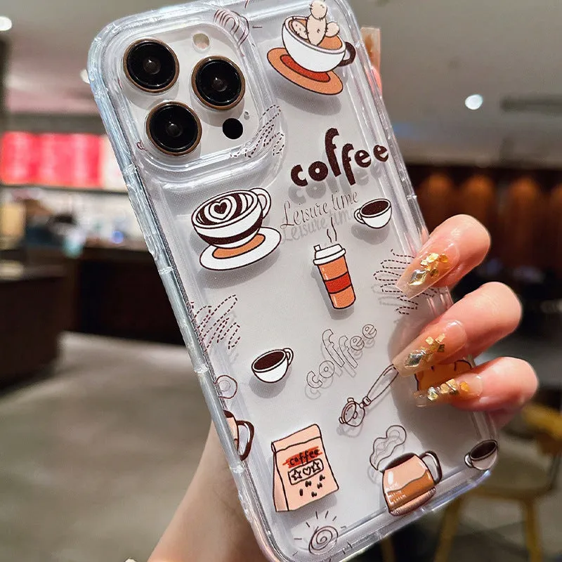Coffee airbag transparent silicone phone case for Apple iPhone with cartoon design