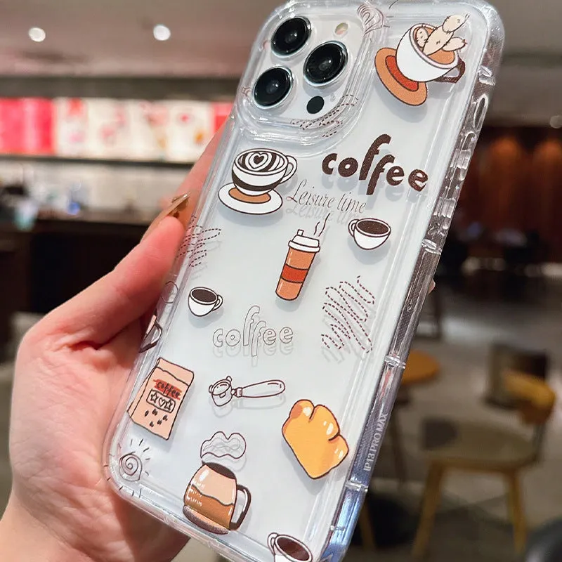 Coffee airbag transparent silicone phone case for Apple iPhone with cartoon design