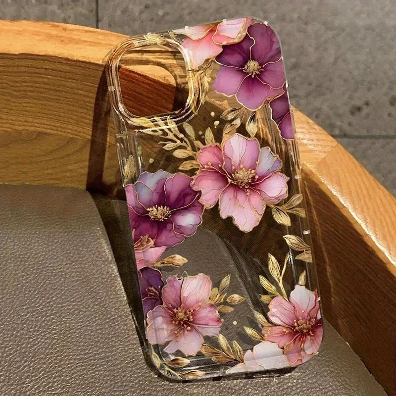 Pink purple flowers TPU air spring phone case for iPhone 12 Pro Max, transparent frosted finish