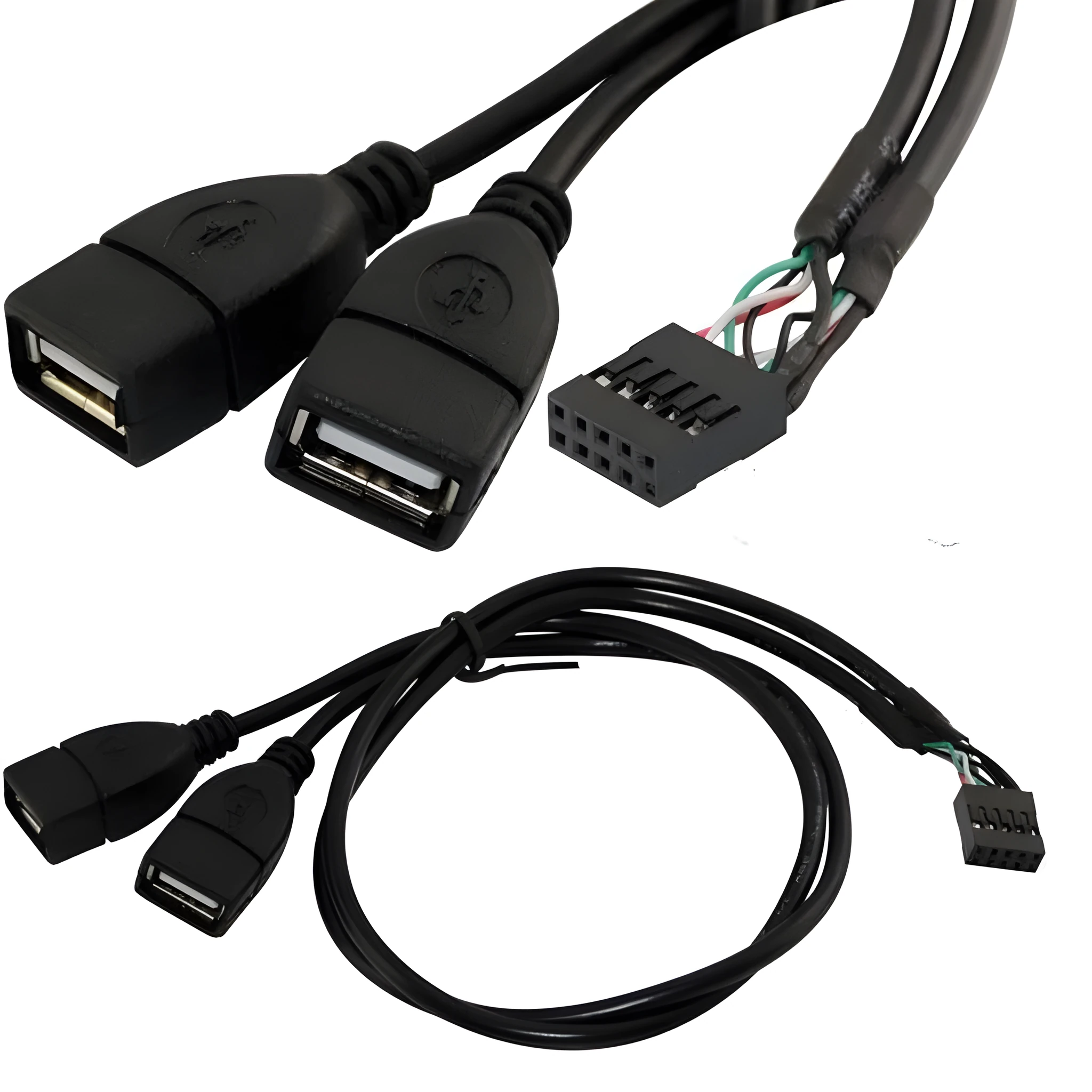 Black USB dual AM-head conversion data cable with braided shielding and DuPont 2x5pin female connector